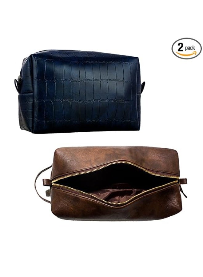 RUBAB MEN Toiletry Kit Bag Set for Men & Women | Stylish, Spacious & Vegan Leather Travel Kit Pouch | Navy & Tan Shade (Pack of 2) - Image 1