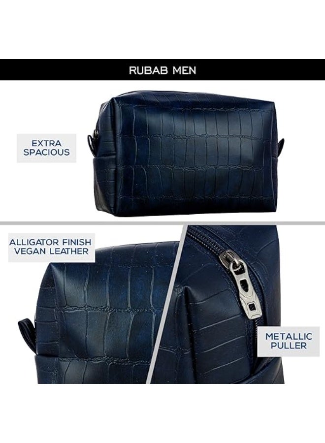 RUBAB MEN Toiletry Kit Bag Set for Men & Women | Stylish, Spacious & Vegan Leather Travel Kit Pouch | Navy & Tan Shade (Pack of 2) - Image 2