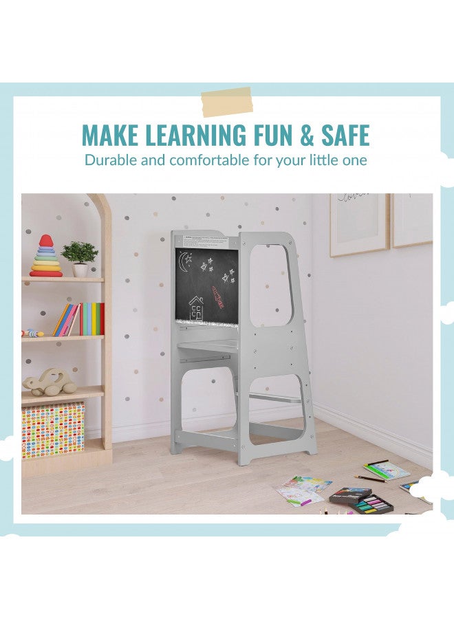 Dream On Me Explora Tower & Step Stool in Pebble Grey, Anti-Slip Base, Multipurpose Kids Step Stool, 3 Platform Heights, Chalkable Black Board - Image 1