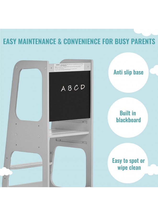 Dream On Me Explora Tower & Step Stool in Pebble Grey, Anti-Slip Base, Multipurpose Kids Step Stool, 3 Platform Heights, Chalkable Black Board - Image 4