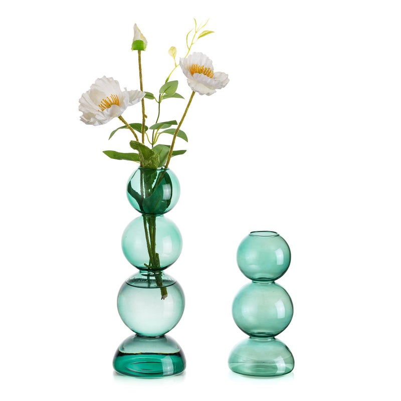 Hewory Glass Bubble Vases for Flowers Hewory 2pcs Green Unique Cute Single Flower Vase for Centerpieces Funky Aesthetic Vase Skinny Bud Vase Cool Groovy Decor for Home Living Room Bedroom Office Tabletop - Image 2