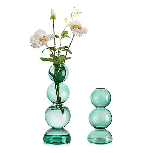 Hewory Glass Bubble Vases for Flowers Hewory 2pcs Green Unique Cute Single Flower Vase for Centerpieces Funky Aesthetic Vase Skinny Bud Vase Cool Groovy Decor for Home Living Room Bedroom Office Tabletop - Image 1