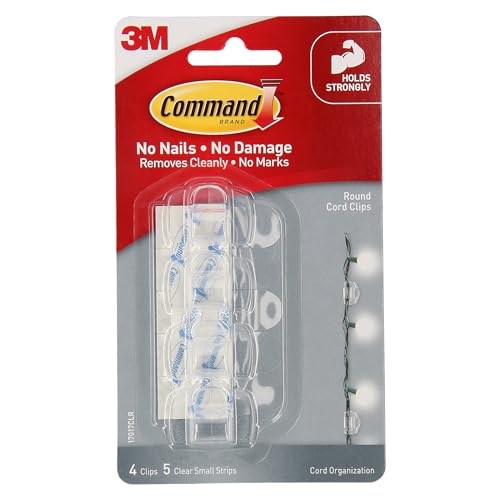 Command 3M Command Round Cord Clips, No paint damage, Hold Strongly, Reusable, Adhesive Hooks For cord organisation, Multi-Surface (Transparent, 4 clips, 5 Strips) - Image 1