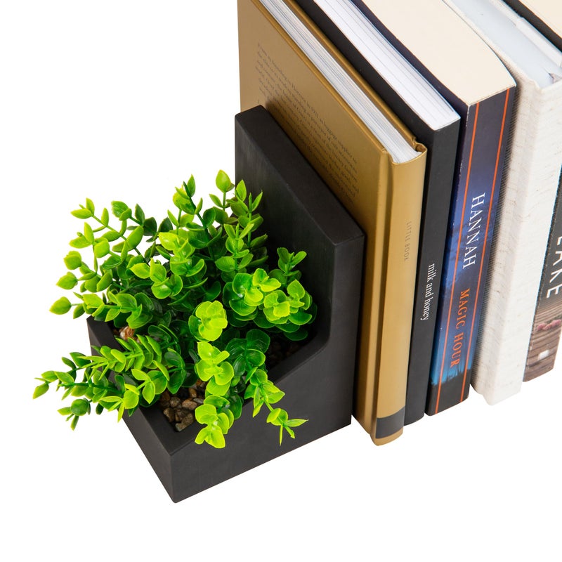 Mind Reader Contemporary Planter Bookends, Book Holders with Faux Greenery, Decorative Desktop or Shelf Organizer, Cement, Set of 2, Black - Image 4