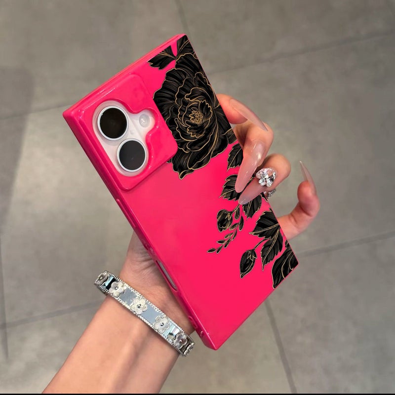 Apple iPhone 16 Phone Case, TPU Shockproof, Stylish, Creative, Retro Ink Rose Drop-Proof Square Phone Case (Rose Red)