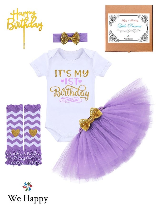 We Happy 5 Pieces Its My 1st Birthday Costume Princess Theme Dressing up Toy Baby Girl Party Fancy Wear with Tutu Skirt, Legging, Cake Topper and Floral Headband - Image 1