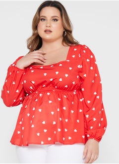 Heart Print Square Neck Blouse