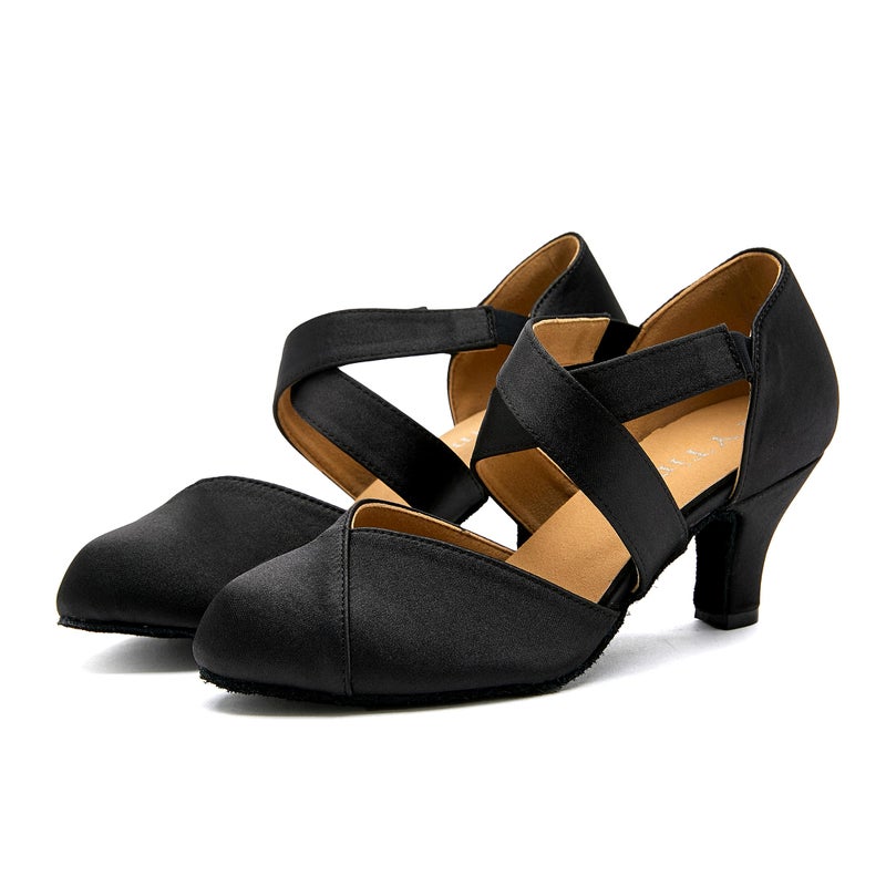 YYTing Ballroom Swing Salsa Women Dance Shoes (Closed Toe, Suede Sole, Slip-On) 2.5 in Heel YT28(8,Black) - Image 2
