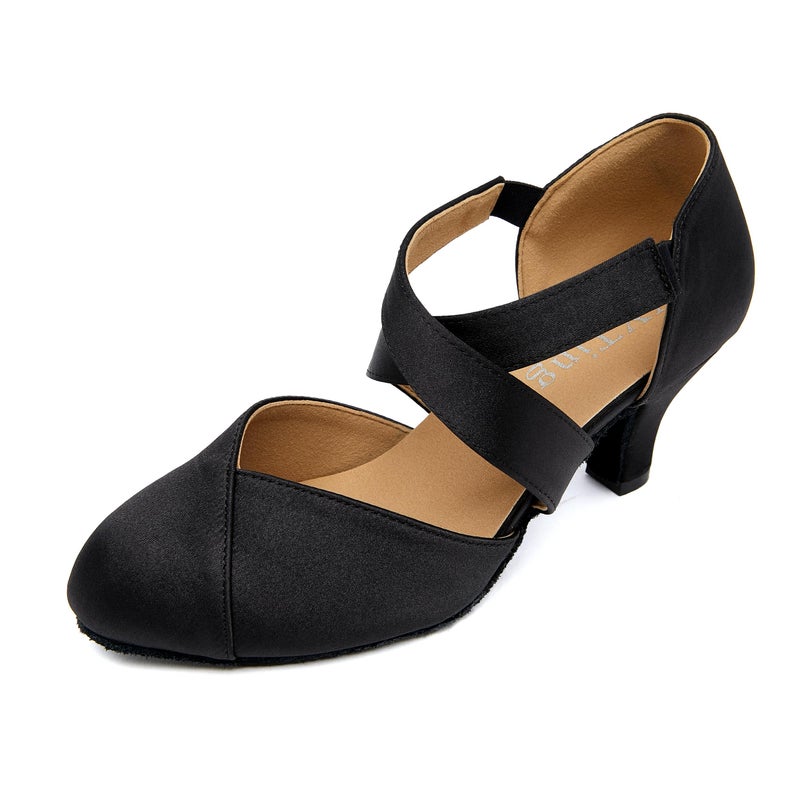 YYTing Ballroom Swing Salsa Women Dance Shoes (Closed Toe, Suede Sole, Slip-On) 2.5 in Heel YT28(8,Black) - Image 1