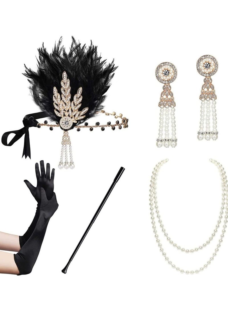 1920S Flapper Accessories Set Vintage Theme Set with Headband Headpiece Gloves Earrings Necklace Bracelet 7 Pcs - Image 1
