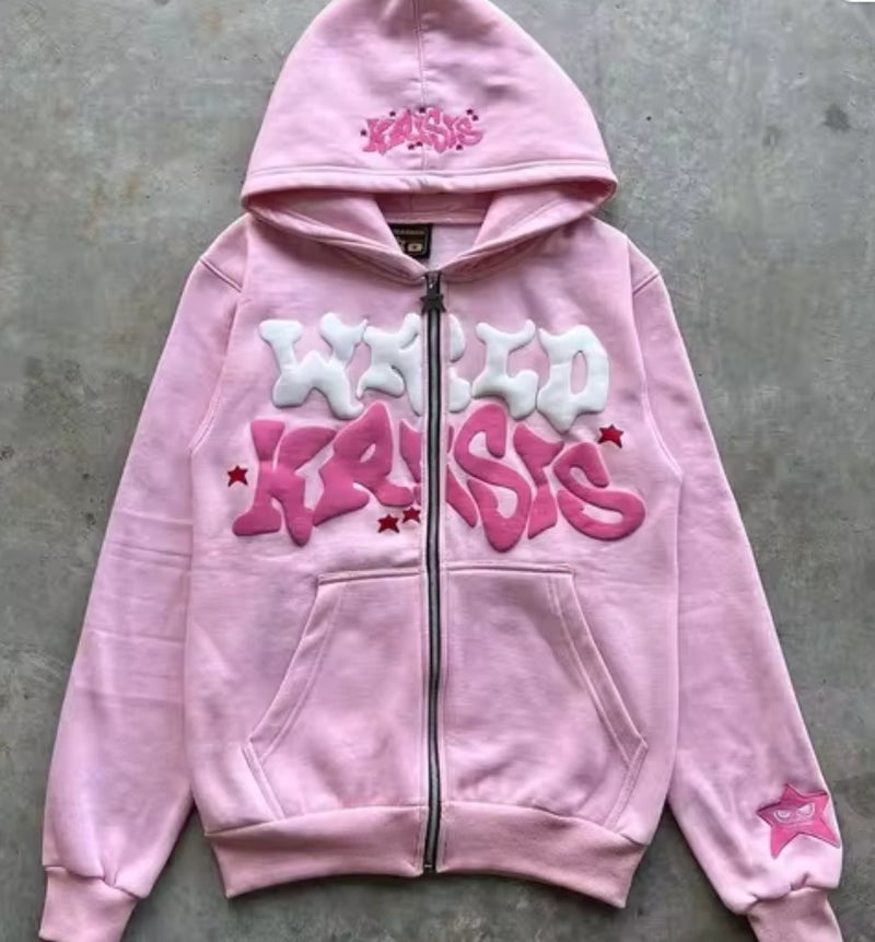 American Street Sweatshirt Hip-Hop Retro Fashion Trend Letter Printed Zipper Sweatshirt Autumn and Winter Hoodie for Men and Women Pink short zipper, one star on the arm