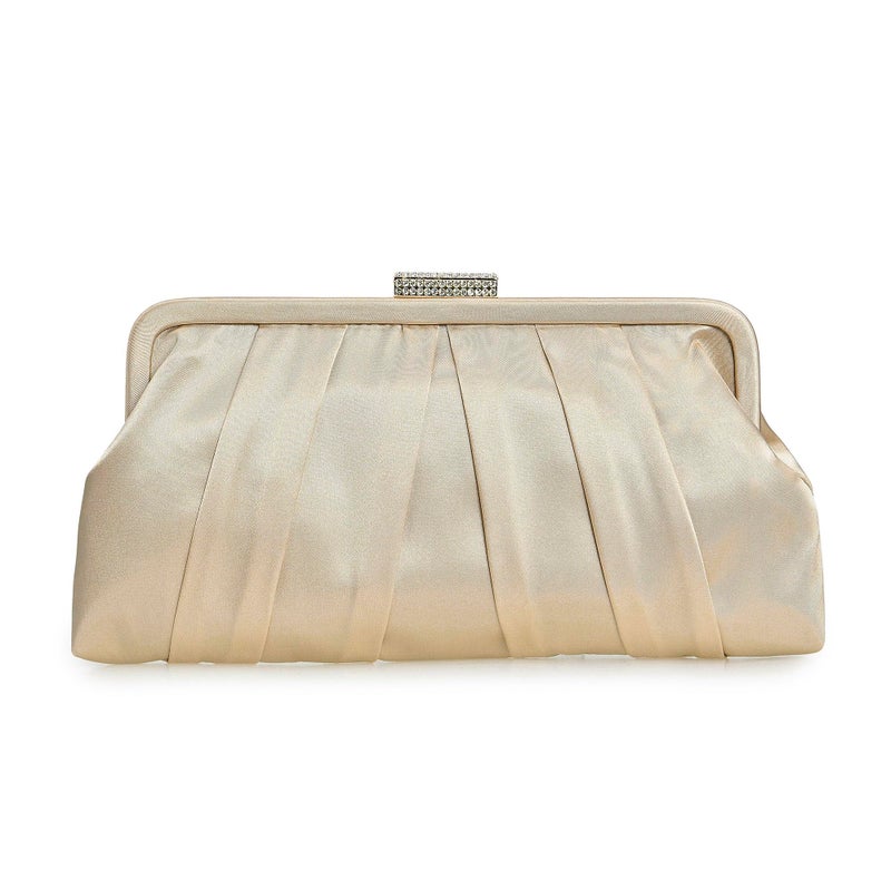 CHARMING TAILOR Classic Pleated Satin Clutch Bag Diamante Embellished Formal Handbag for Wedding/Prom/Black-Tie Events (Champagne) - Image 2