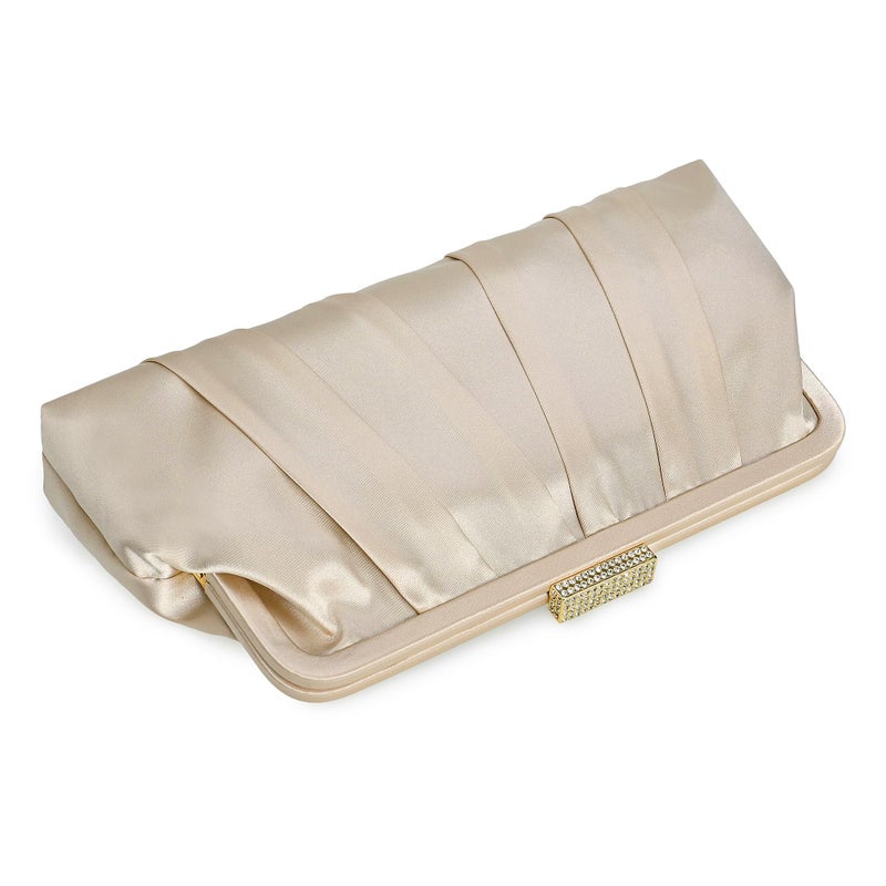 CHARMING TAILOR Classic Pleated Satin Clutch Bag Diamante Embellished Formal Handbag for Wedding/Prom/Black-Tie Events (Champagne) - Image 4