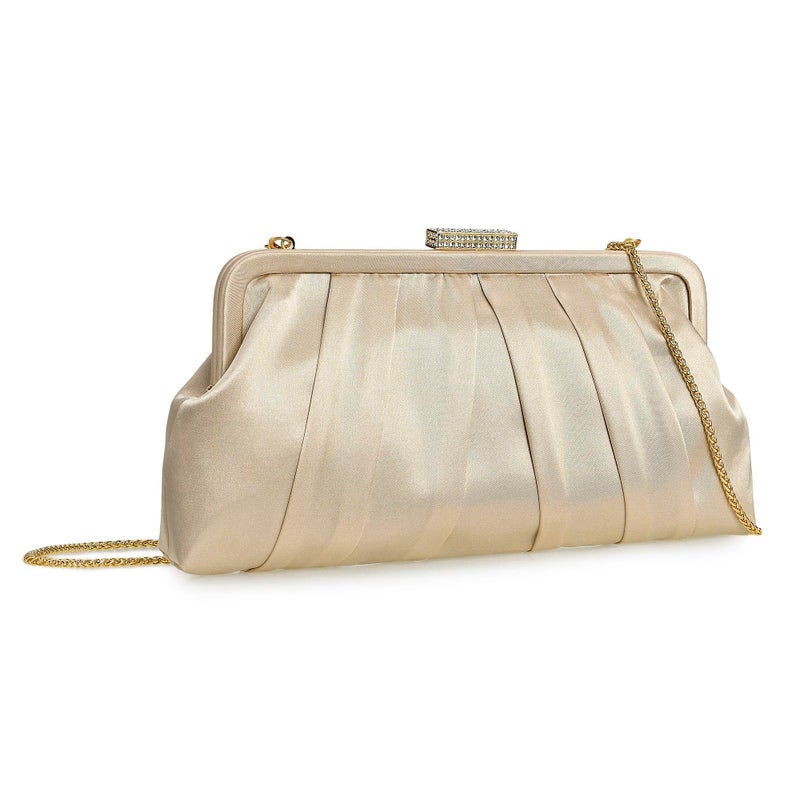 CHARMING TAILOR Classic Pleated Satin Clutch Bag Diamante Embellished Formal Handbag for Wedding/Prom/Black-Tie Events (Champagne) - Image 1