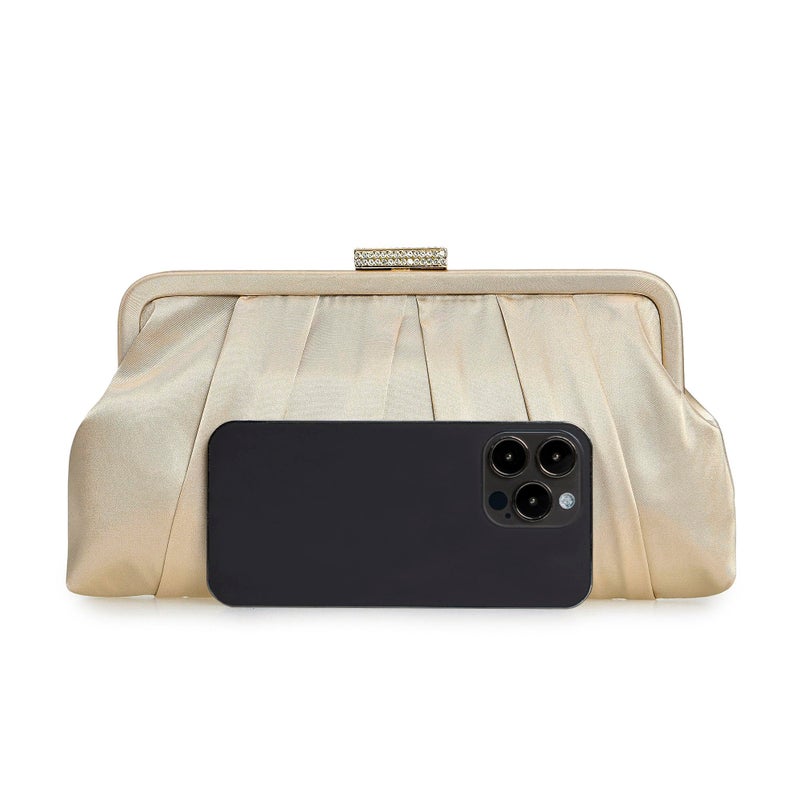CHARMING TAILOR Classic Pleated Satin Clutch Bag Diamante Embellished Formal Handbag for Wedding/Prom/Black-Tie Events (Champagne) - Image 3