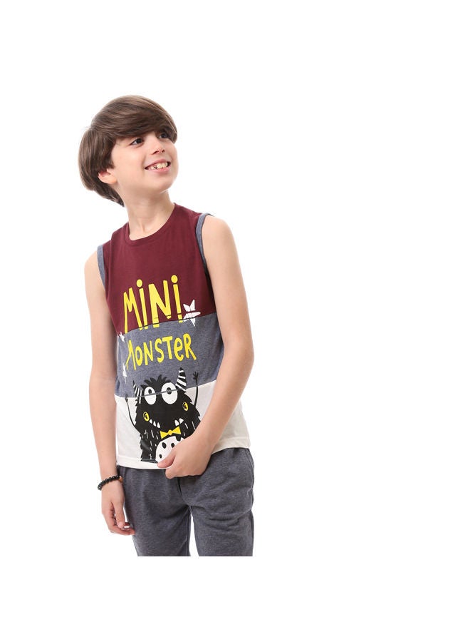 Andora طقم بيجامة للأولاد بدون أكمام - أحمر غامق ورمادي وأبيض - Image 2