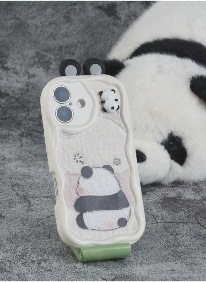 ShebSheb Cute Panda iPhone 16 Case Cartoon Animal 3D Ears Panda Wavy Edge Protector,Soft Silicone Back Phone Cover  - Image 3