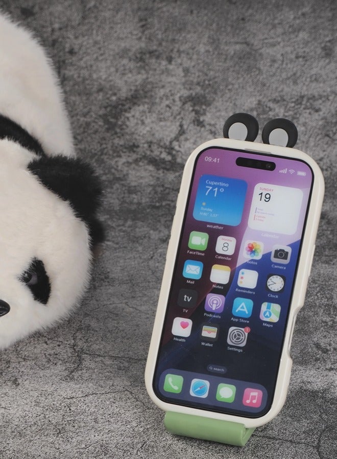 Cute Panda iPhone 16 Case Cartoon Animal 3D Ears Panda Wavy Edge Protector,Soft Silicone Back Phone Cover