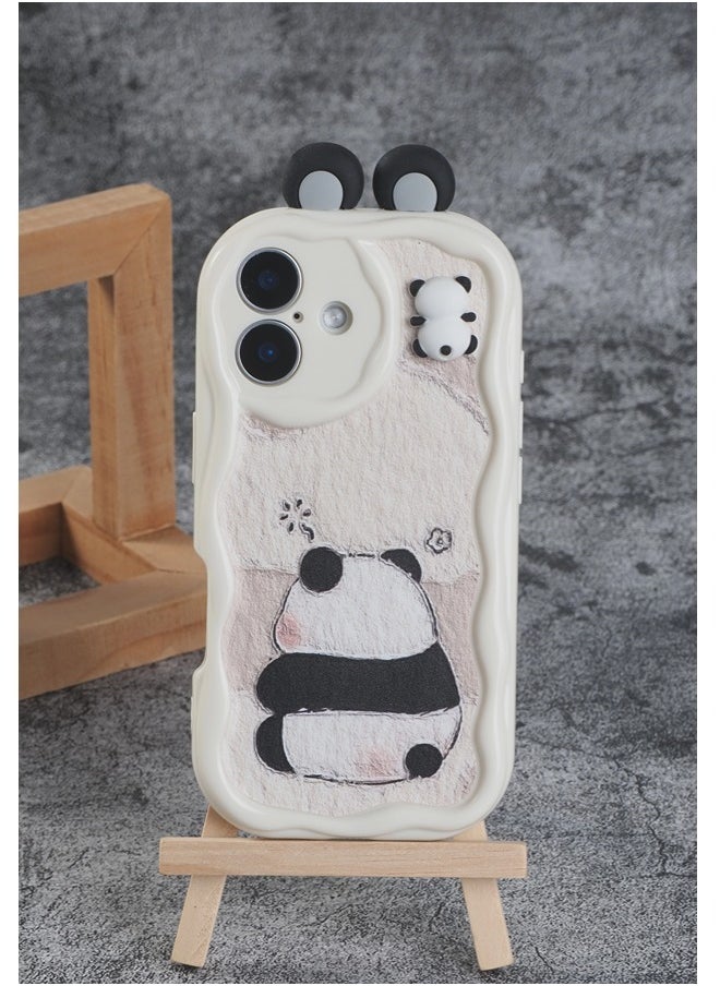 ShebSheb Cute Panda iPhone 16 Case Cartoon Animal 3D Ears Panda Wavy Edge Protector,Soft Silicone Back Phone Cover  - Image 1
