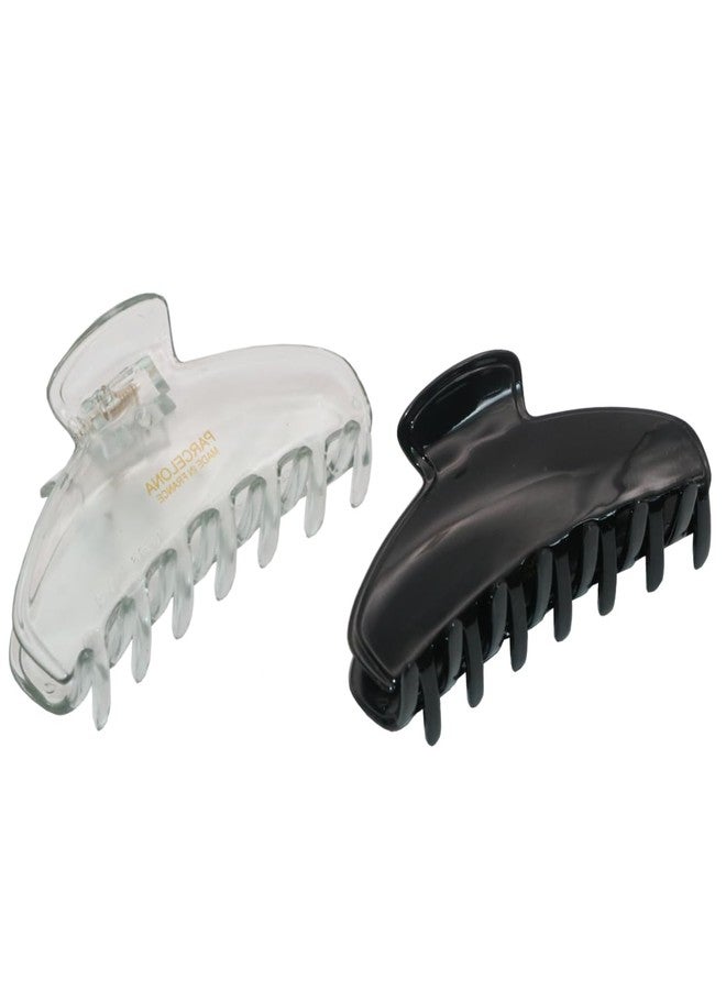 Parcelona French Basic Medium 3 1/2" Celluloid Claw Clips with Tight Spring Girls Hair Jaw Claw Clips Durable Styling Women Hair Accessories, Made in France (Black and Clear) - Image 1