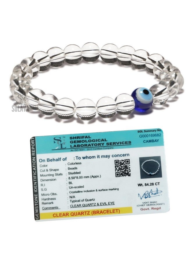 SOLAVA Original Clear Quartz Bracelet For Women And Men With Evil Eye And Lab Certificate-Natural Energised White Beads Bracelet, Evil Eye Bracelet For Protection, Anxiety, Stress- 8Mm Beads - Image 1
