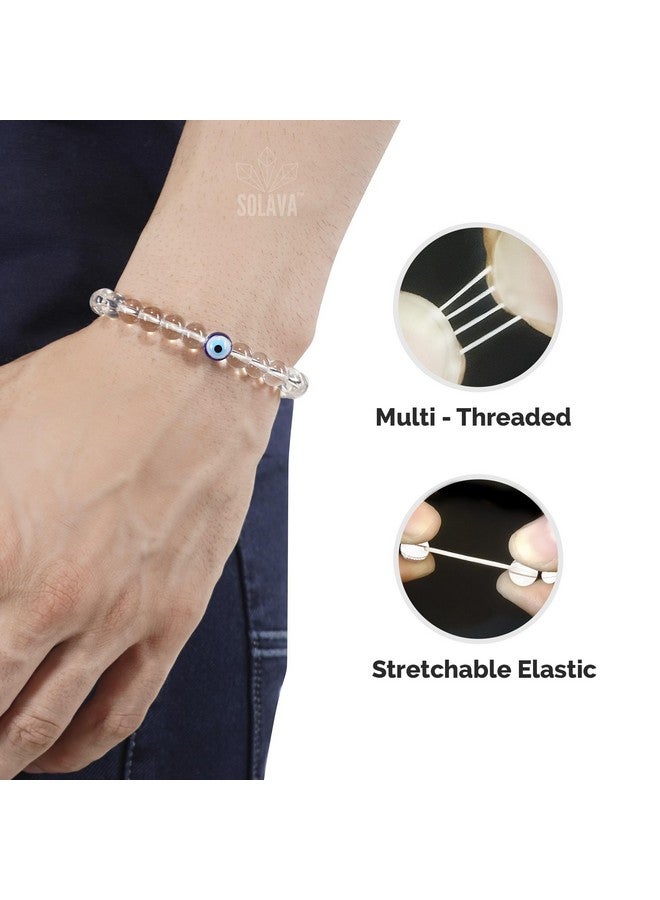 SOLAVA Original Clear Quartz Bracelet For Women And Men With Evil Eye And Lab Certificate-Natural Energised White Beads Bracelet, Evil Eye Bracelet For Protection, Anxiety, Stress- 8Mm Beads - Image 2