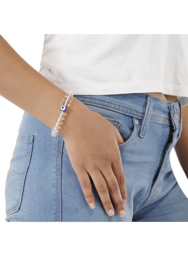 SOLAVA Original Clear Quartz Bracelet For Women And Men With Evil Eye And Lab Certificate-Natural Energised White Beads Bracelet, Evil Eye Bracelet For Protection, Anxiety, Stress- 8Mm Beads - Image 3