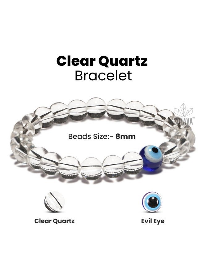 SOLAVA Original Clear Quartz Bracelet For Women And Men With Evil Eye And Lab Certificate-Natural Energised White Beads Bracelet, Evil Eye Bracelet For Protection, Anxiety, Stress- 8Mm Beads - Image 4