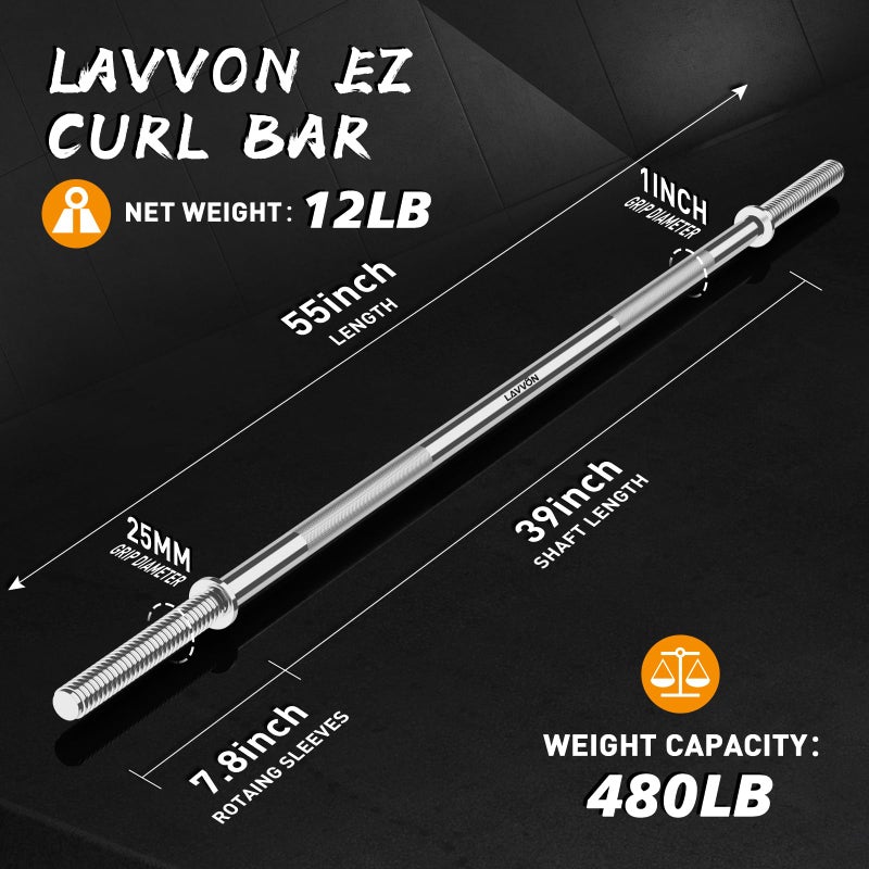 LAVVON 55" Weight Lifting Bar, 1" Standard Straight Olympic Barbell Bar for Bench Press/Hip Thrusts/Squats/Lunges, 480lb Weight Capacity, Silver, Black Matte Finish - Image 3