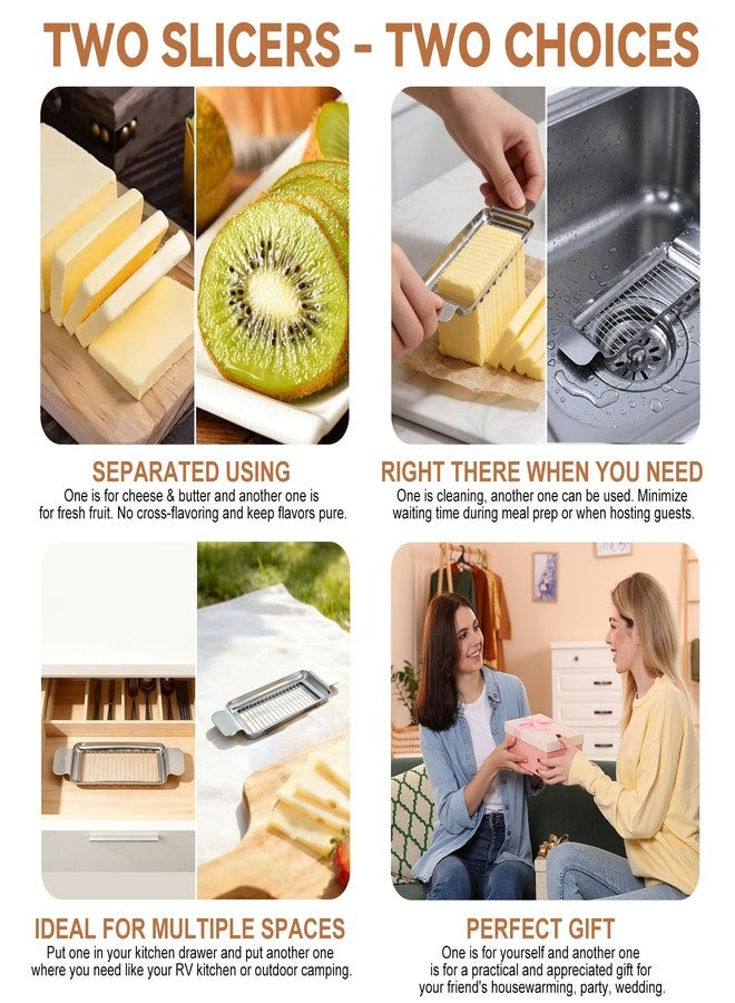FRICHOM 2 Pcs Butter & Cheese Slicer Cutter for Butter Squares and Block Cheese, Ergonomic Handheld Stainless Steel Wire Slicer for Cutting Butter and Soft Food - Image 2