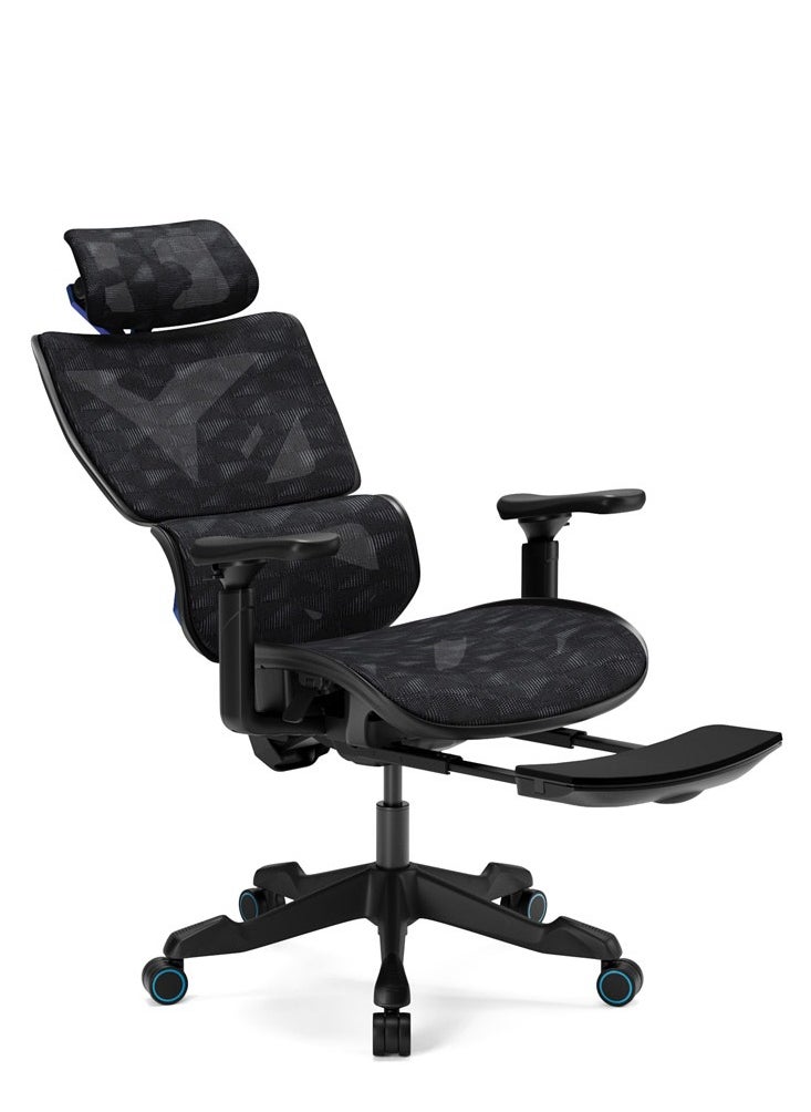 AFTERWORK - Xyrion Super Ergonomic Gaming Chair with Footrest - 3D Adjustable Headrest, Adaptive Backrest, 4-Position Tilt Lock, Breathable Mesh, and Silent Castors - Black & Blue - Image 1