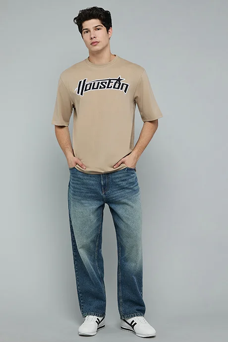 R&B Typography Print T-Shirt with Crew Neck and Short Sleeves