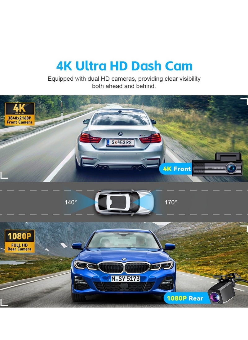 Dash Camera for Cars,4K Full UHD Car Camera Front Rear with 64GB U3 Card,Built-in Super Night Vision,3.0'' IPS Screen,170°Wide Angle,G-Sensor, 24H Parking Mode, Loop Recording