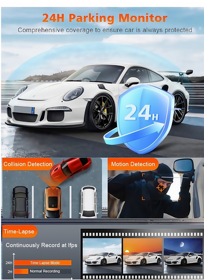 Dash Camera for Cars,4K Full UHD Car Camera Front Rear with 64GB U3 Card,Built-in Super Night Vision,3.0'' IPS Screen,170°Wide Angle,G-Sensor, 24H Parking Mode, Loop Recording
