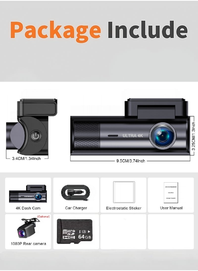 Dash Camera for Cars,4K Full UHD Car Camera Front Rear with 64GB U3 Card,Built-in Super Night Vision,3.0'' IPS Screen,170°Wide Angle,G-Sensor, 24H Parking Mode, Loop Recording