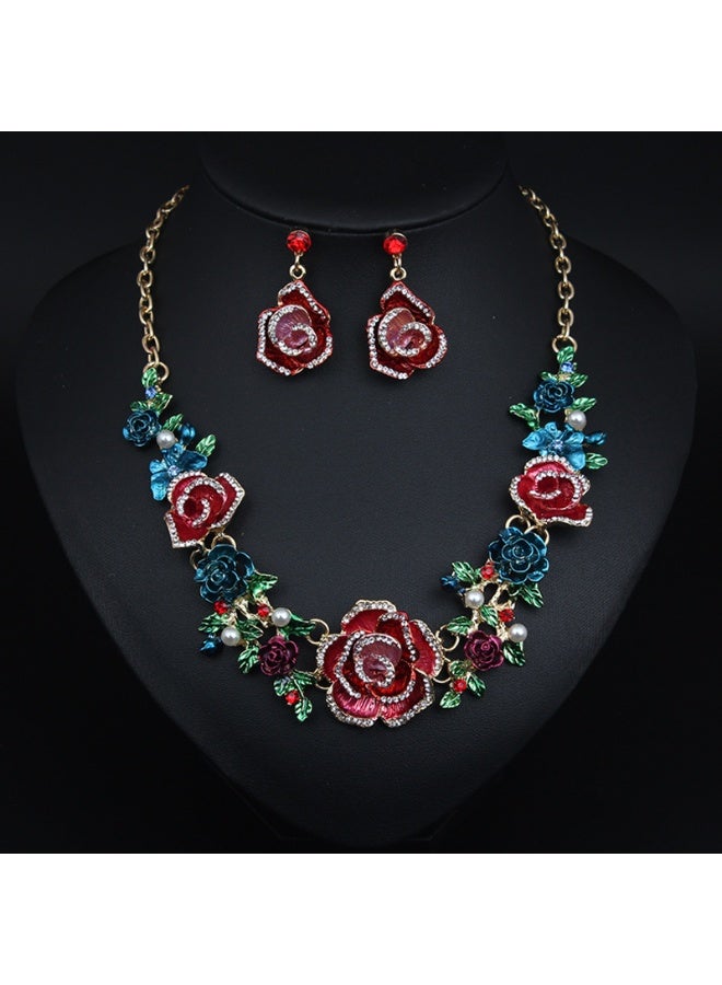 NIBEMINENT Colorful Flower Jewelry Set with Rhinestone Necklace and Earrings