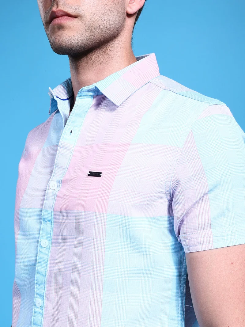 شركة المرآب الهندية Men Slim Fit Checkered Half Sleeves Cutaway Collar Casual Shirt