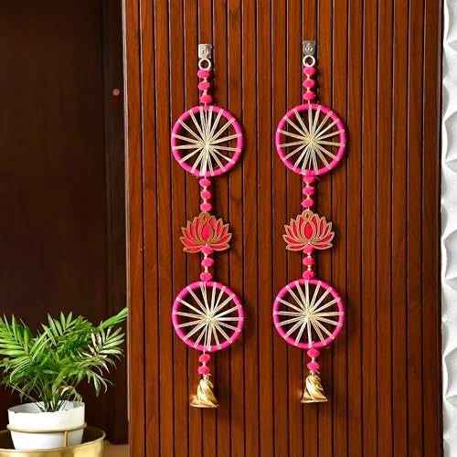 CraftVatika Diwali Decoration Items for Home, Wall Hanging Latkans, Handmade Lotus Pom Pom Latkan Toran for Door, Deepawali Gifts (67 CM Height) - Image 1