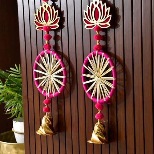 CraftVatika Diwali Decoration Items for Home, Wall Hanging Latkans, Handmade Lotus Pom Pom Latkan Toran for Door, Deepawali Gifts (67 CM Height) - Image 5
