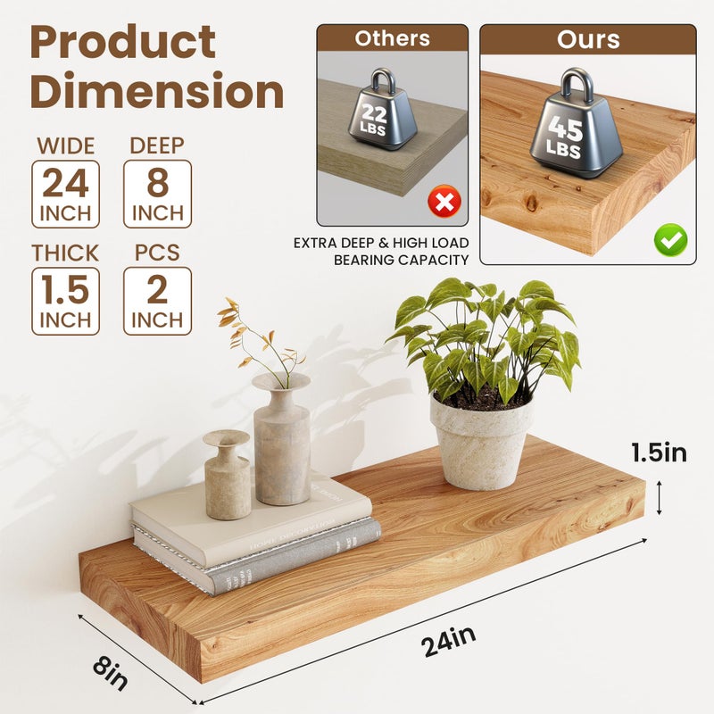 Acovy Extra Deep 24" Long Rustic Solid Wood Floating Shelves for Wall, Wall Shelves with Invisible Bracket for Living Room Bathroom Bedroom Kitchen, Set of 2, Walnut - Image 3