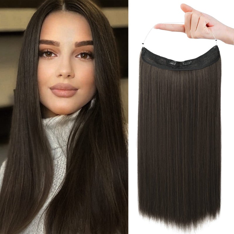 REECHO Invisible Wire Hair Extensions with Transparent Headband Adjustable Size Removable Secure Clips in Straight Secret Hairpiece for Women 24 Inch Pack of 1 Cool Dark Brown
