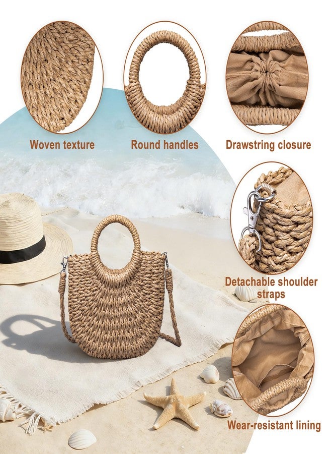 Rancco Straw Bags for Women, Rattan Purse with Round Wooden Handle, Detachable & Adjustable Beach Purses, Womens Shoulder Bag for Vacation Travel Casual Daily Use,10.25 * 9.25in - Image 4