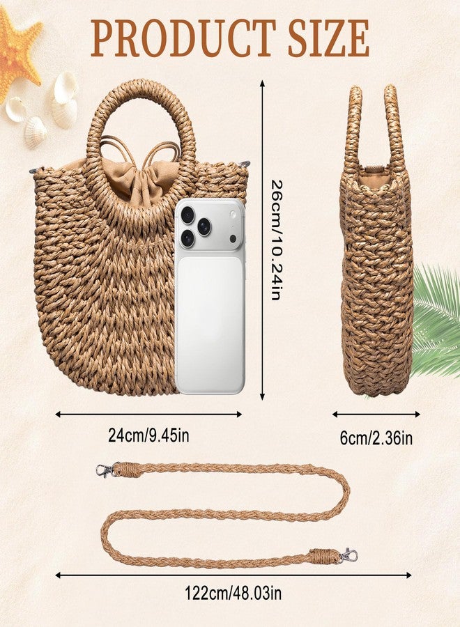 Rancco Straw Bags for Women, Rattan Purse with Round Wooden Handle, Detachable & Adjustable Beach Purses, Womens Shoulder Bag for Vacation Travel Casual Daily Use,10.25 * 9.25in - Image 3