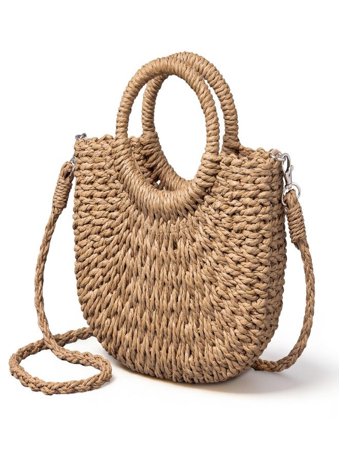 Rancco Straw Bags for Women, Rattan Purse with Round Wooden Handle, Detachable & Adjustable Beach Purses, Womens Shoulder Bag for Vacation Travel Casual Daily Use,10.25 * 9.25in - Image 1