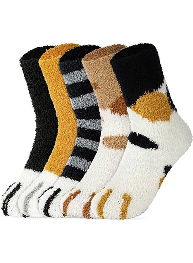 fauson 5 Pairs Women Fuzzy Socks - Warm Cat Socks Fluffy Socks Soft Cat Paw Socks Cozy Socks Winter Plush Slipper Socks for Women, Multicolor, Large - Image 1