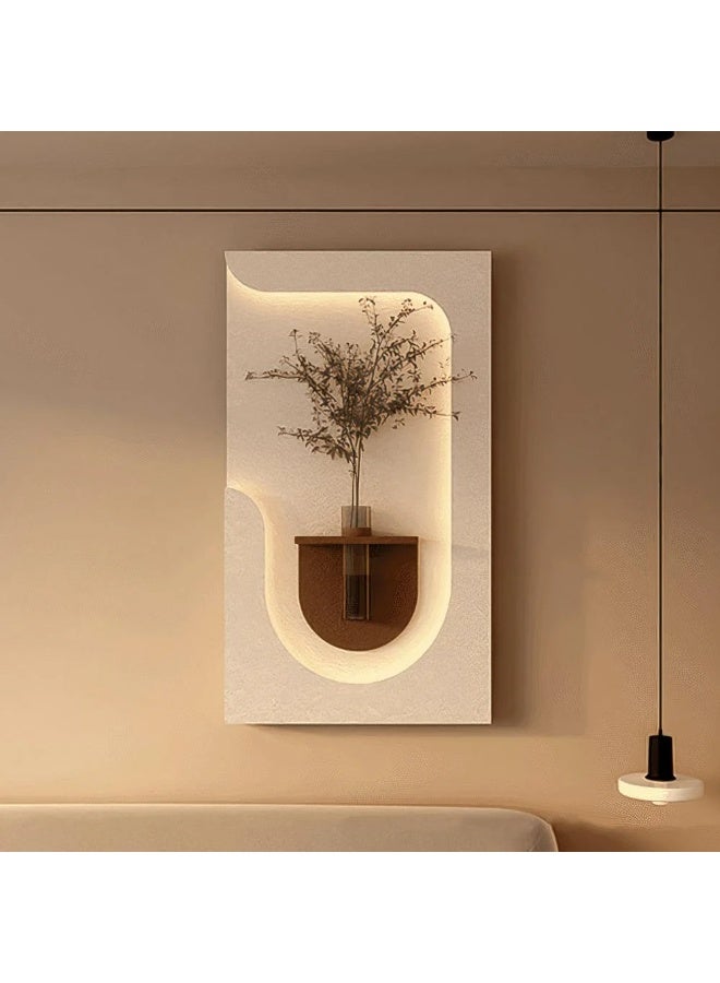 Gardenia Wahaj Plate – Hidden Light Wall Art with Rose Glass Holder and Remote Control – Elegant Illuminated Decorative Panel for Living Room, Entrance, or Bedroom – Premium Wood Design with Glass Vase - Cream Branches - Image 1