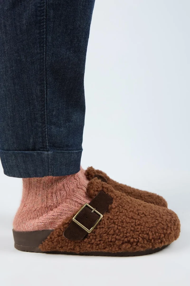 Manijero Manijero Suzen Women's Genuine Leather Belted Teddy Brown Slippers