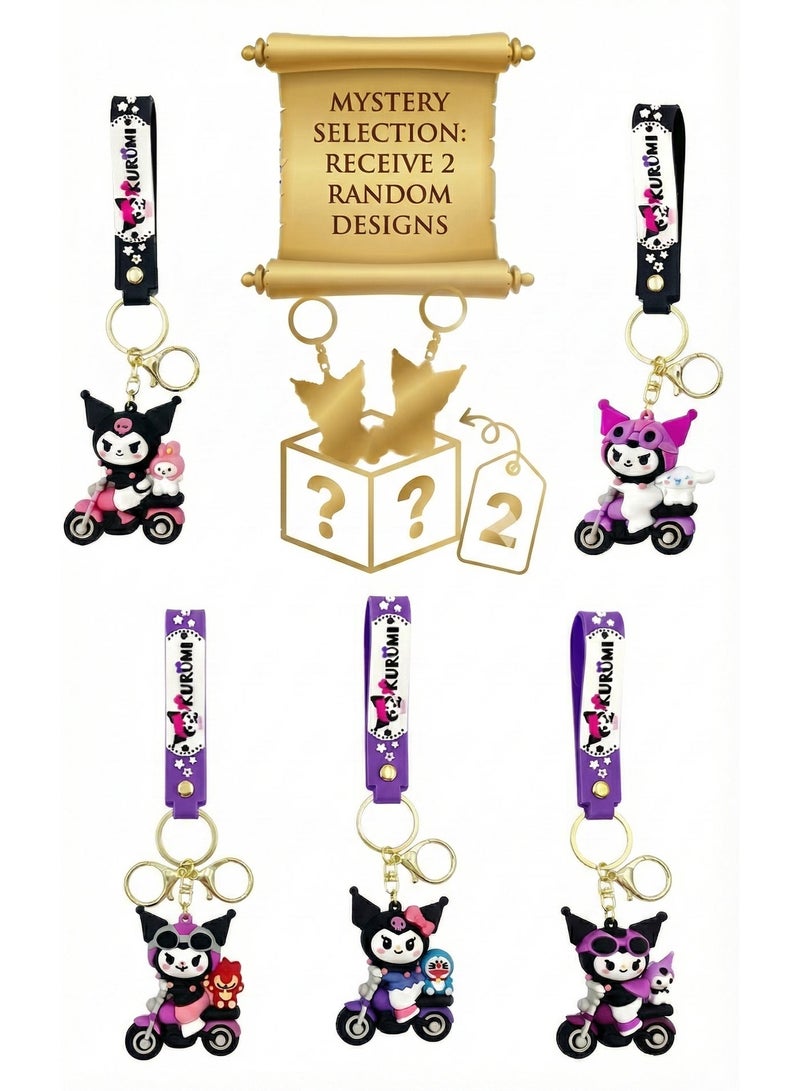 REZZOSS 2-Pack Mystery Kuromi Keychain Set (Receive 2 Random Designs) – Cute 3D Silicone Anime Character on Motorcycle Keyring | Kawaii Bag Charm, Car Key Holder & Backpack Accessory | Surprise Gift for Girls & Teens - Image 1
