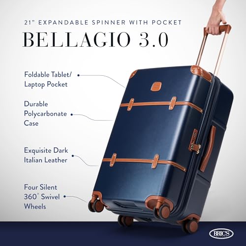 Bric's Brics Bellagio 30 Spinner Trunk Luxury Hardshell Check In Luggage with Large Wheels Telescopic Handle Leather Detailing Expandable Rolling Suitcase 27 Blue - Image 3