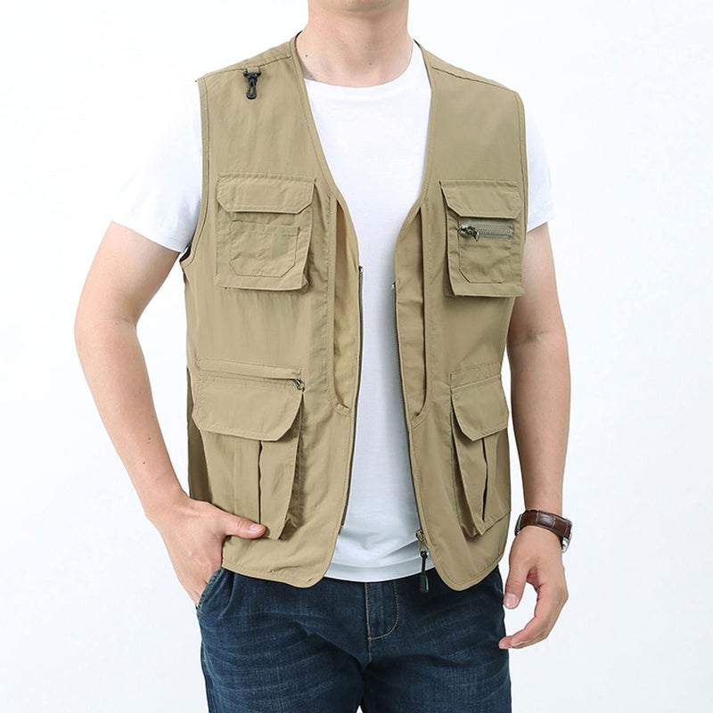 Perbai Men's Black Utility Fishing Vest Outdoor Summer Lightweight Work Photo Safari Cargo Vest(Khaki-M) - Image 2